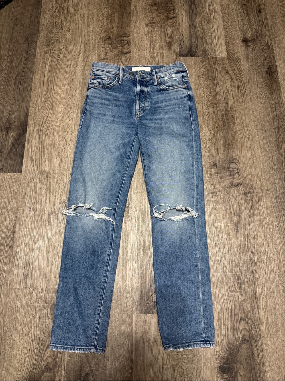 MOTHER Blue Distressed Straight-Leg Jeans